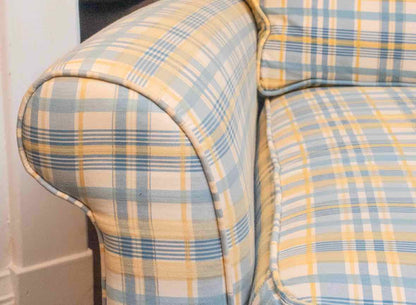 Rowe Sky Blue, Yellow, Ivory Plaid Chair & Ottoman