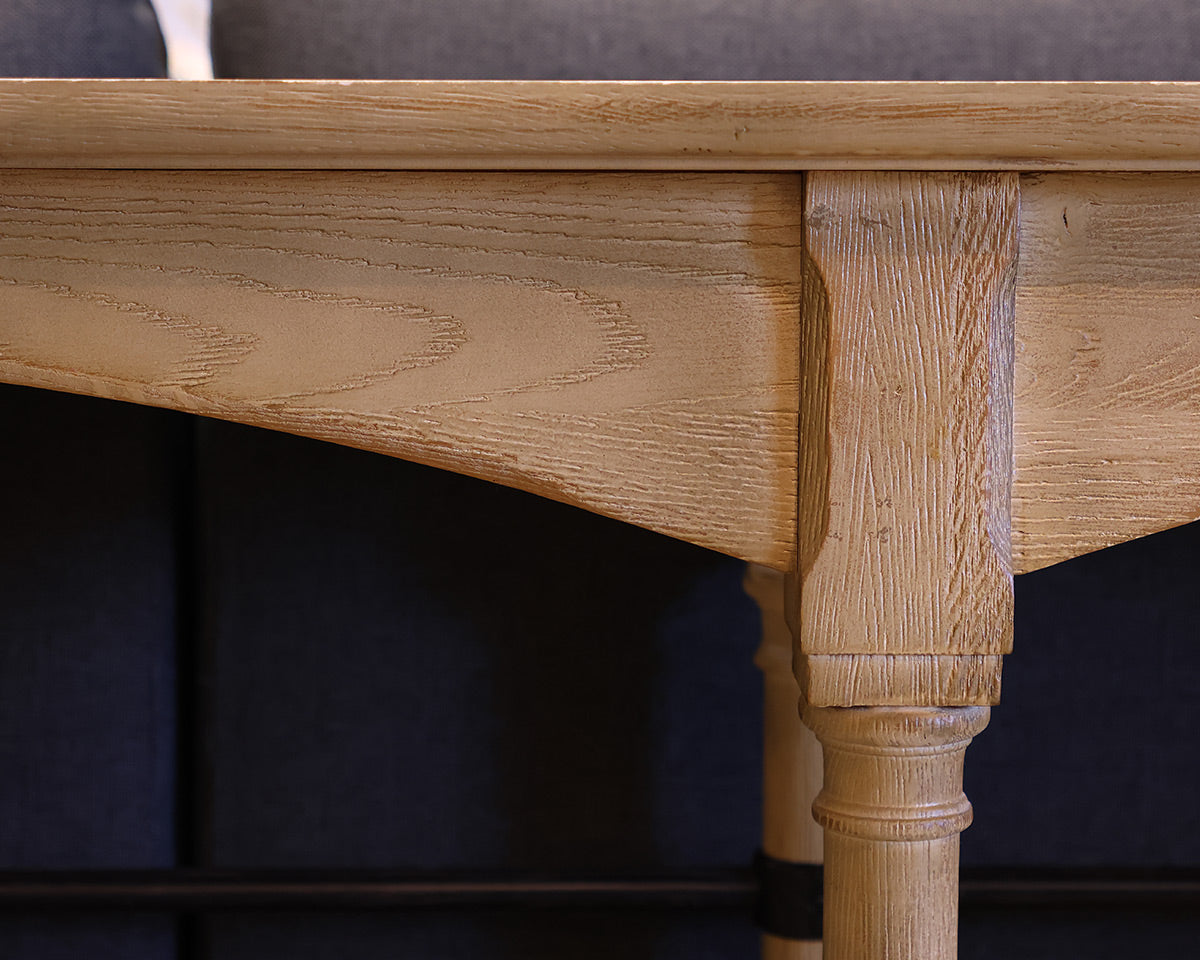 Custom Console Table in Rustic Ivory Finish with Iron Shelf Brace