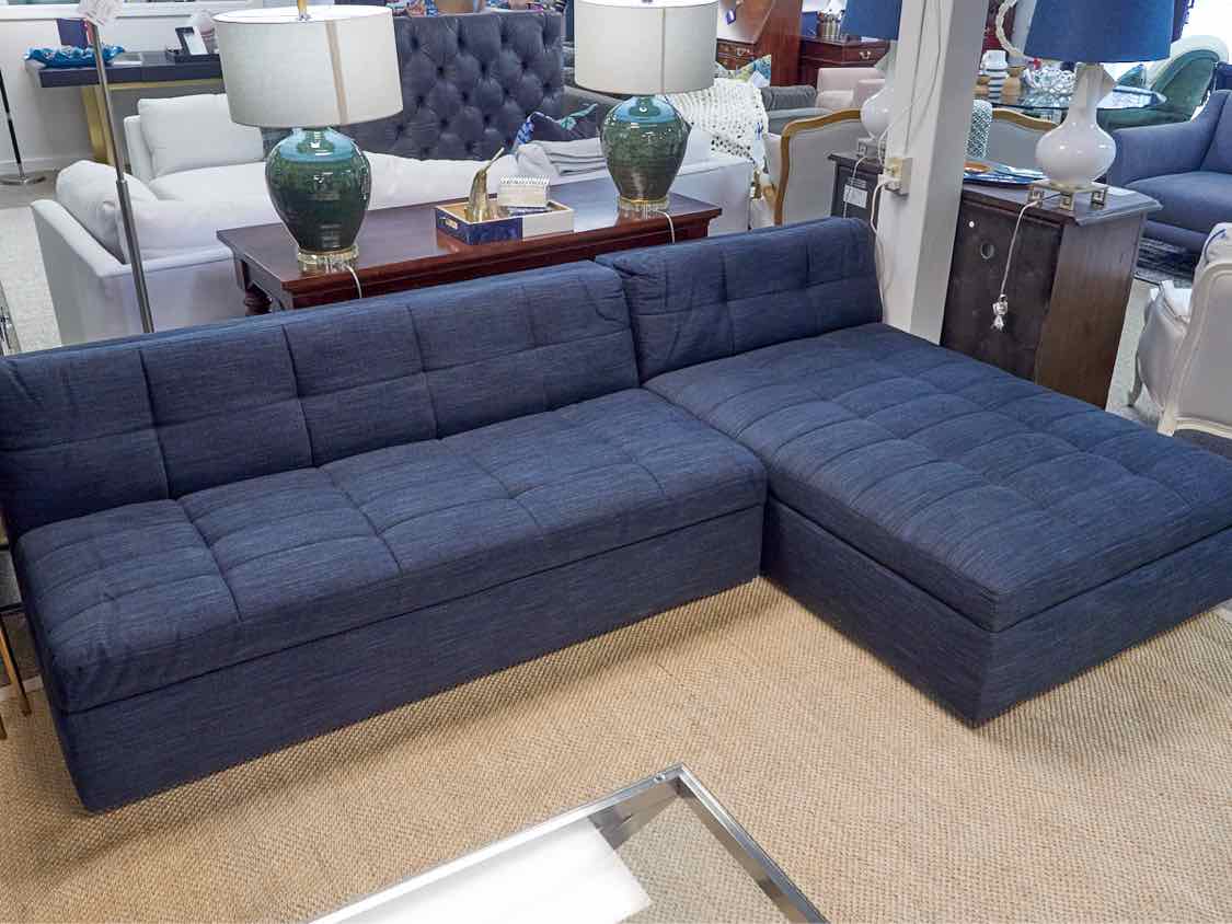 Blue Upholstered Modern Bench Cushion Reversible  Sectional with Storage Chaise