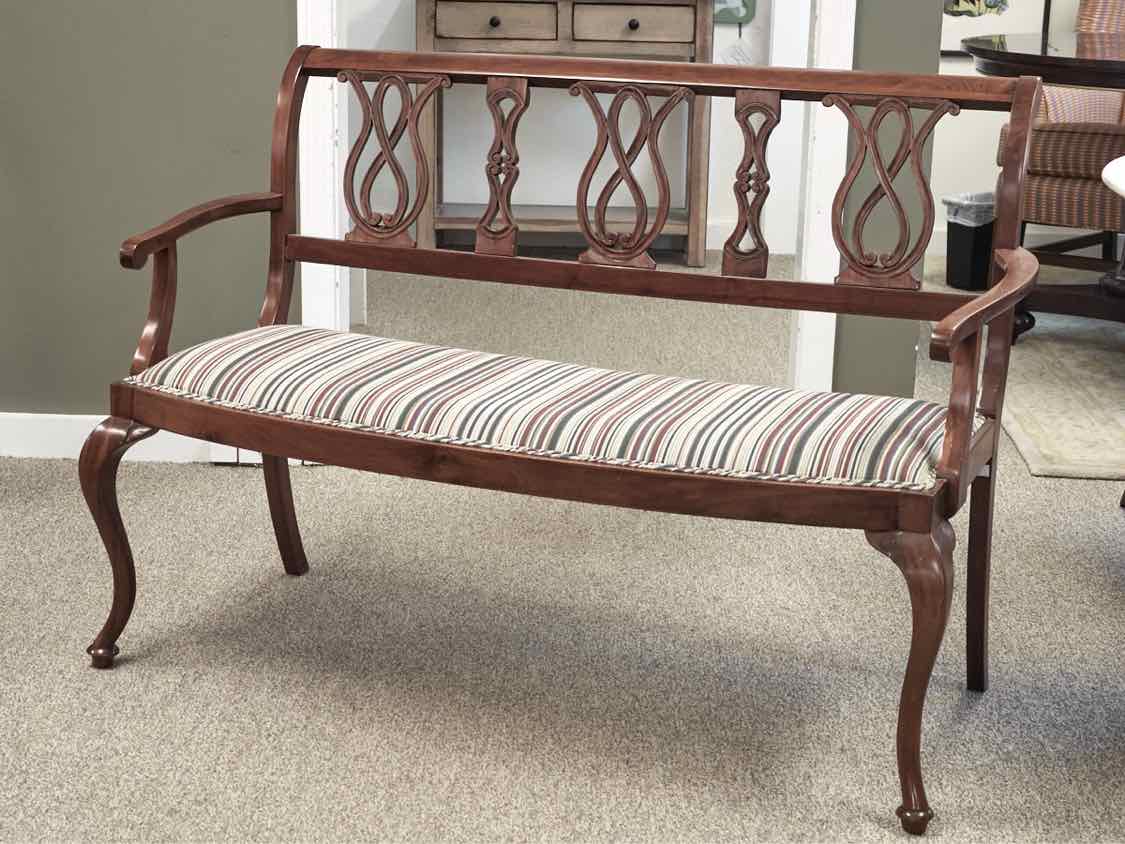 Mahogany Chippendale Style Arm Bench with Black,Ivory & Maroon Upholstered Seat