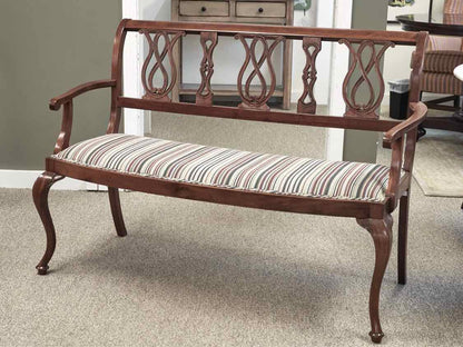 Mahogany Chippendale Style Arm Bench with Black,Ivory & Maroon Upholstered Seat