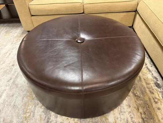 Round Dark Chocolate Leather Ottoman