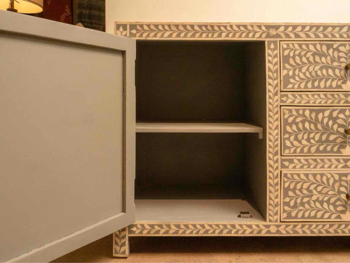 Boston Interiors  Dove Gray With Ivory Bone Inlay 1 Door & 3 Drawer Chest