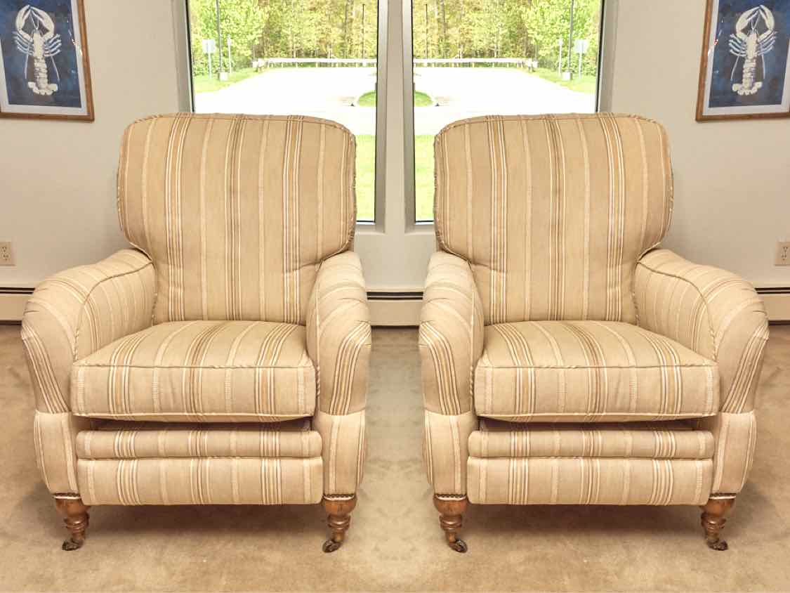 Pair Of Arhaus  Custom Stripe Upholstered Rolled Arms Recliners