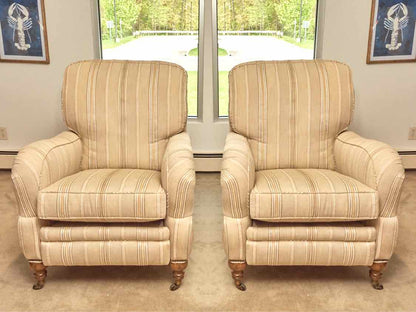 Pair Of Arhaus  Custom Stripe Upholstered Rolled Arms Recliners