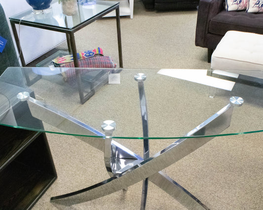 Contemporary Glass Top Bowfront Console on Chrome Angled Base