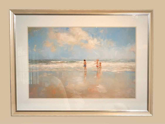 'Beach Play Date' Oil Print Double Matt Cream Wash Frame With Silver Accent