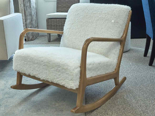 MCM Style Rocking Chair with Faux Sheep Upholstery