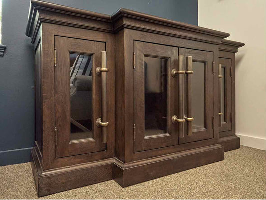 RH Brass Pull Bar Media Console w/Glass Doors & Dark Wood Finish