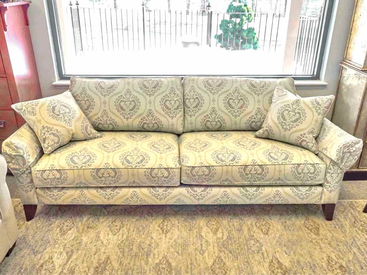 Ethan Allen Upholstered  Neutral Toned Damask Sofa