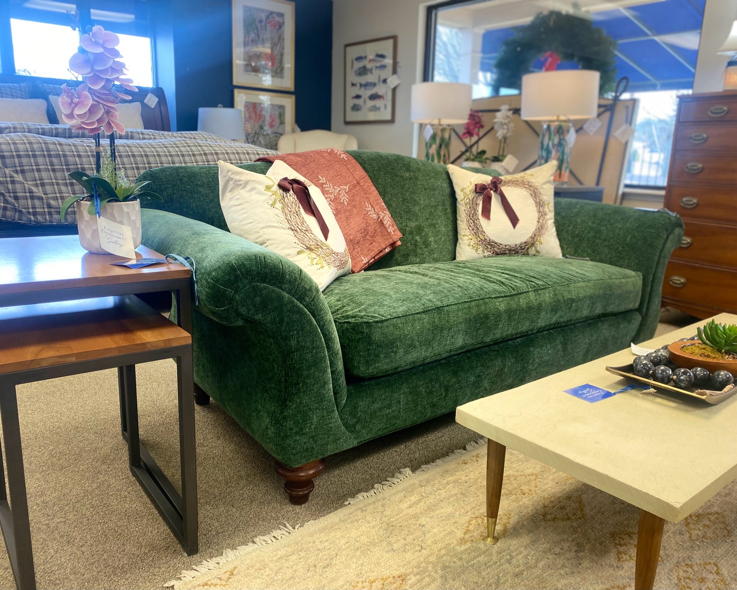 Camel Back Emerald Green Upholstered Sofa