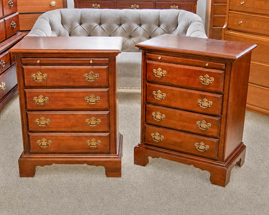 Pair of American Drew 4-Drawer Bedside Chests in Cherry with Brass Pulls