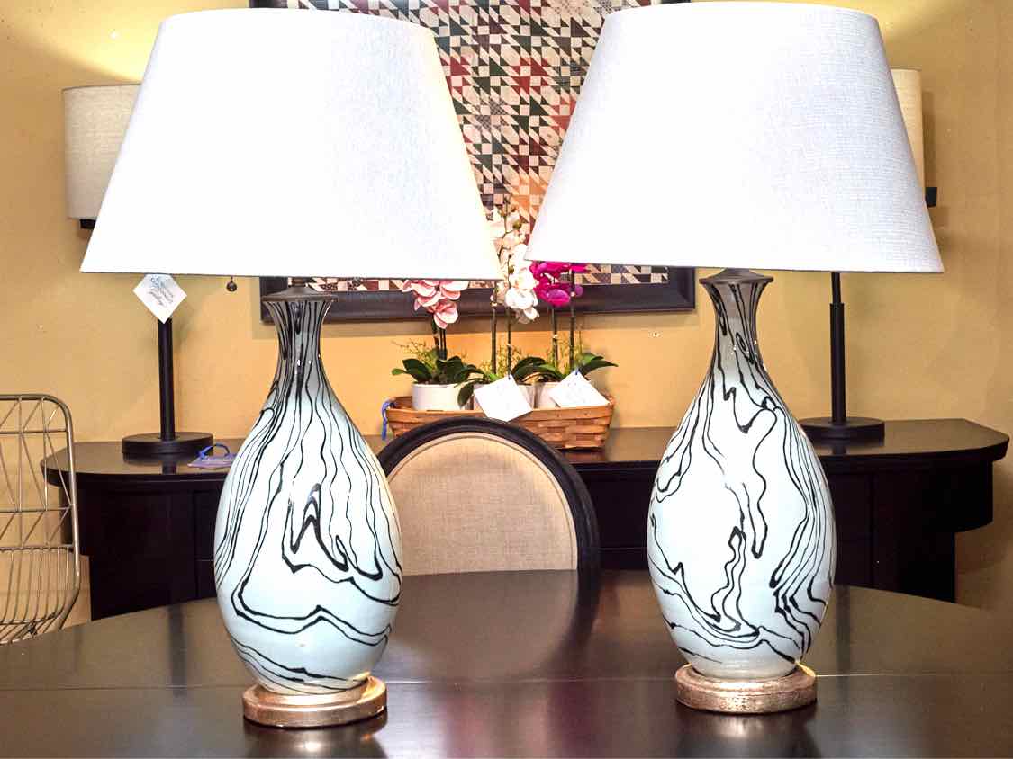 Pair Of White& BLack Ceramic Table Lamps With Silver Grey  Linen Shades