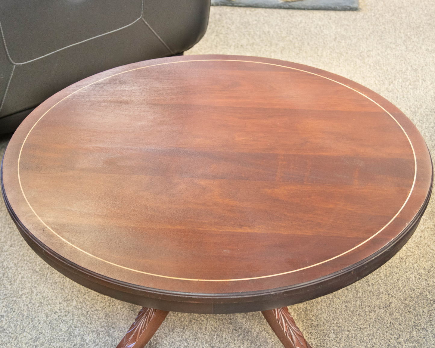 Mahogany Round Cocktail Table on Carved Leg Pedestal  Base
