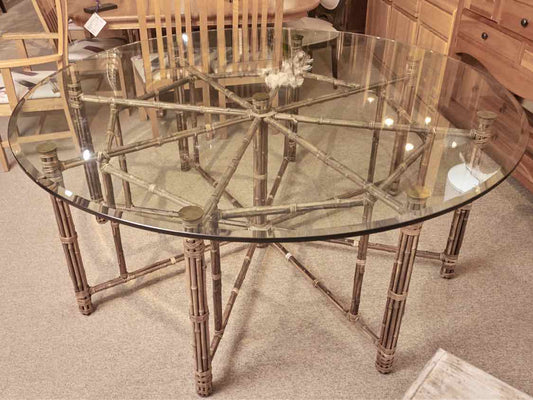 McGuire  Round Glass Top Bamboo Base Legs Dining Table