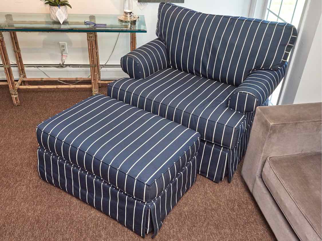 Rowe  Navy & White Stripe Fabric Chair & Ottoman