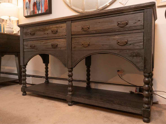 Driftwood Charcoal Finish 4 Drawer Server with Jacobean Legs & Bottom Shelf