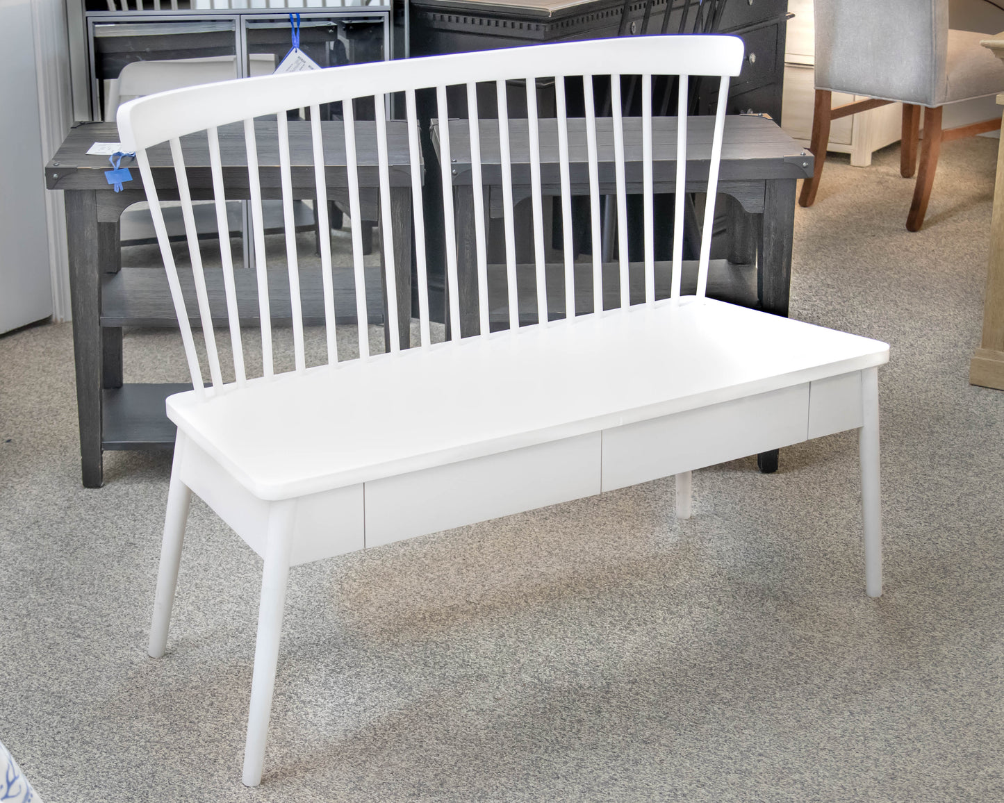Land of Nod Modern White Armless Windsor Bench with Storage Drawers