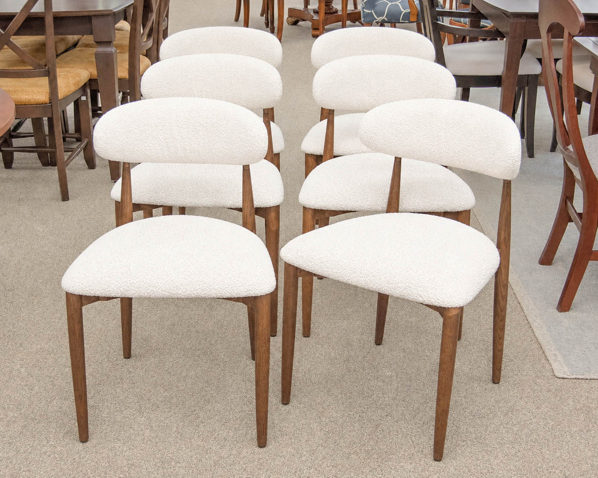 Restoration Hardware Set of 6 Arno Fabric Dining Chairs in Sand/Brown Oak Brass