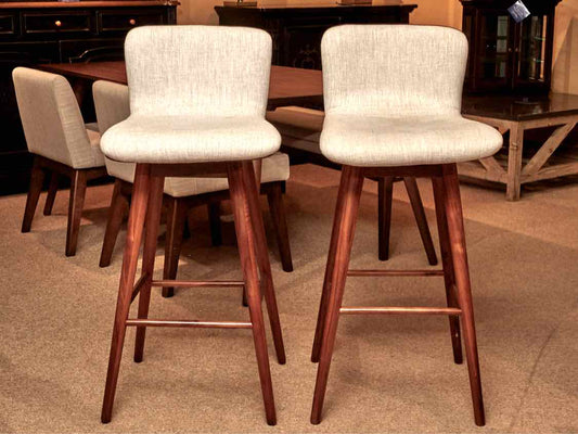 Pair Of Sede Swivel Walnut Legs Light Grey Upholstered Seats Bar Stools