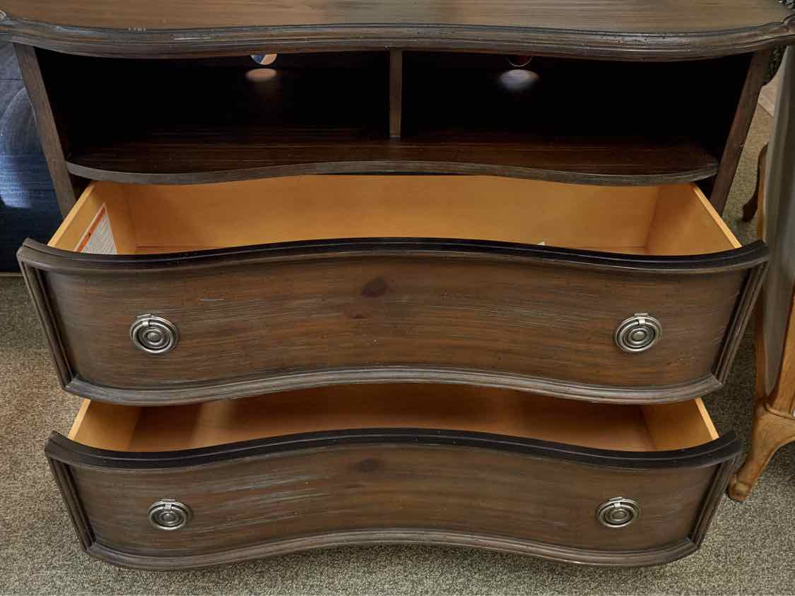 Weathered Finish Media Cabinet with 2 Drawers & Open Storage