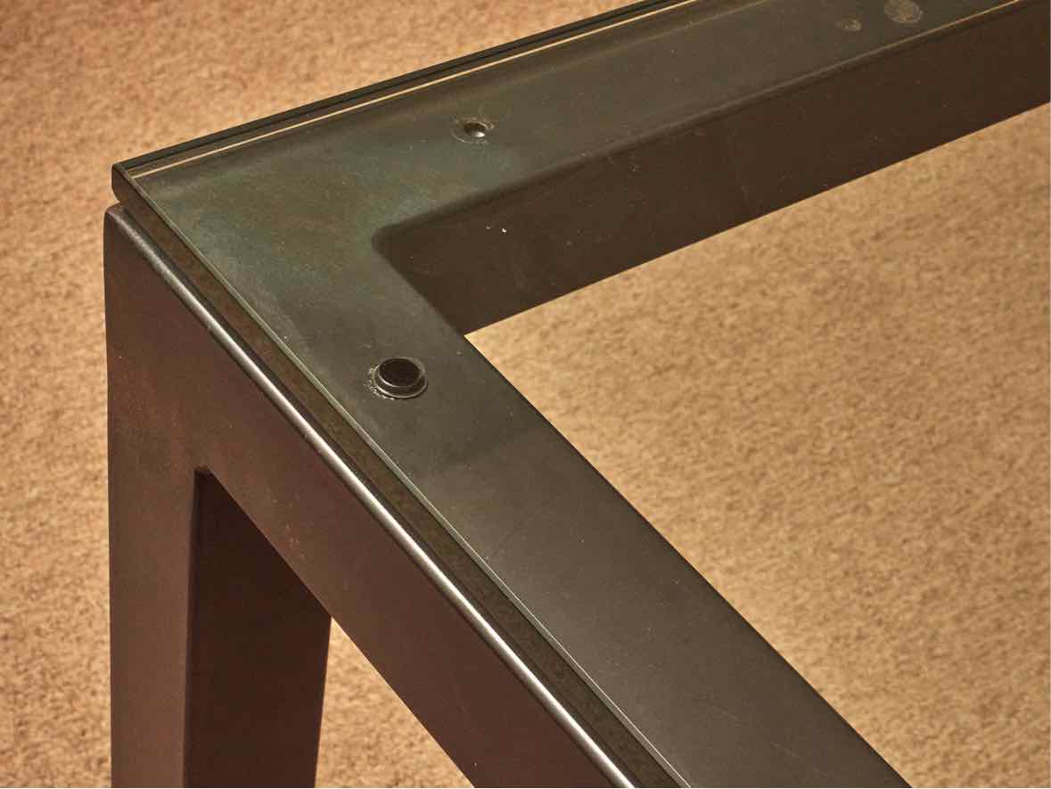 Room & Board Gun Metal Steel Base Dining Table with Glass Top