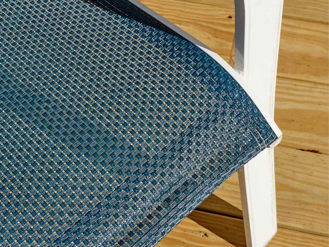 Glass Top White  Metal Outdoor Dining Table, Navy Umbrella 8 Mesh Navy Chairs