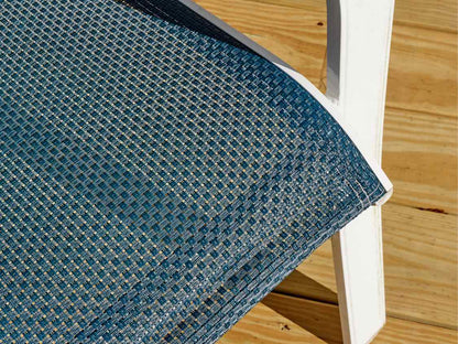 Glass Top White  Metal Outdoor Dining Table, Navy Umbrella 8 Mesh Navy Chairs