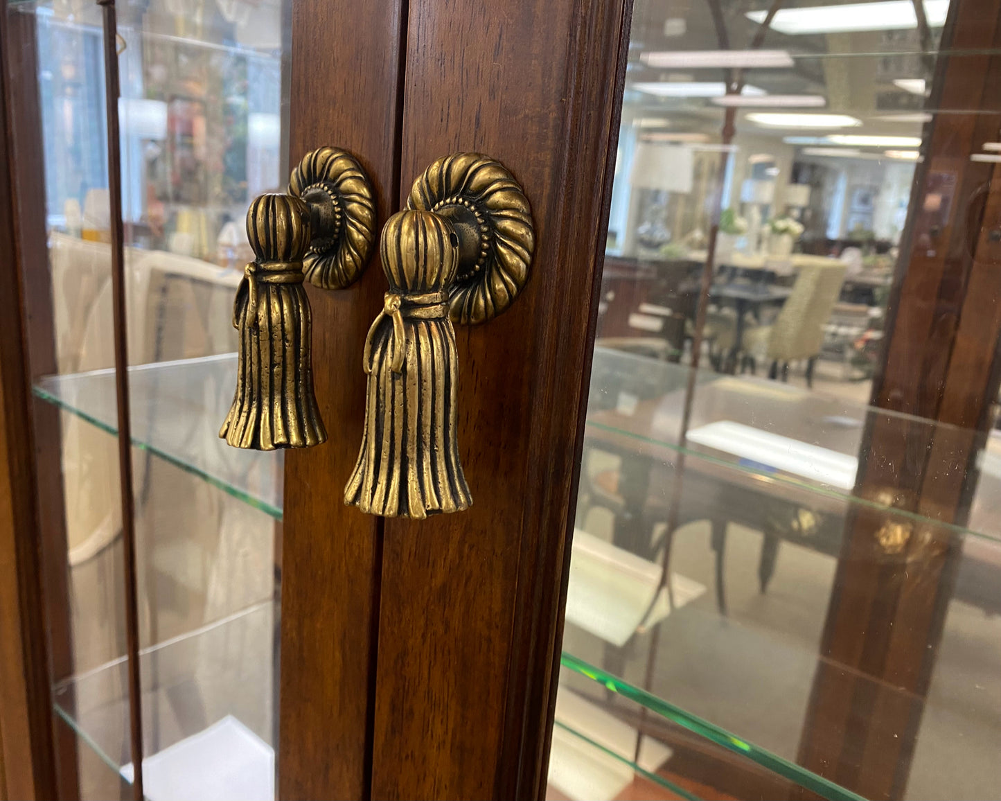 Serpentine Front Lighted Inlaid Display Cabinet with Brass Pulls