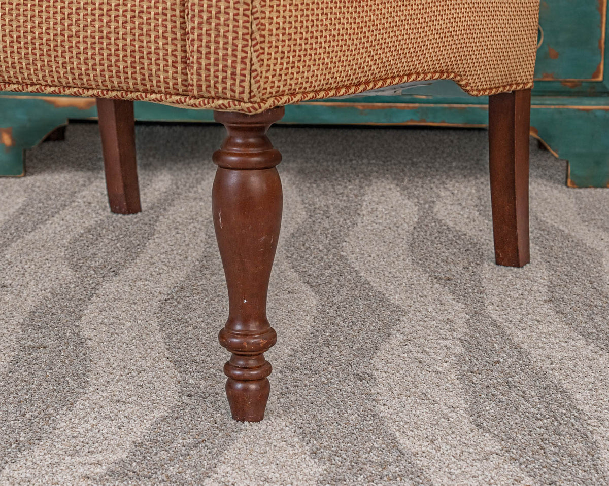 Pair of Lee Jofa  Beige & Rust Roll Arm Club Chairs on Turned Legs
