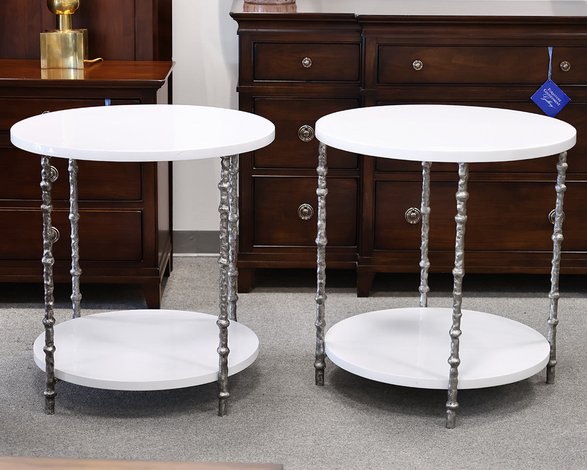Pair of Round White Lacquer Accent Tables