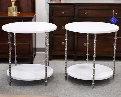 Pair of Round White Lacquer Accent Tables