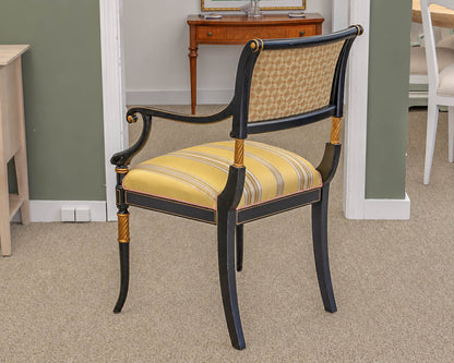 Pair of Regency Ebonized Arm Chairs with Gold Trim & Striped Yellow Silk