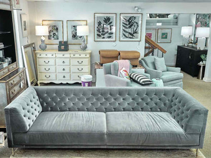 CB2 Tufted 104" Sofa in Steel Grey Velvet on Chrome Legs