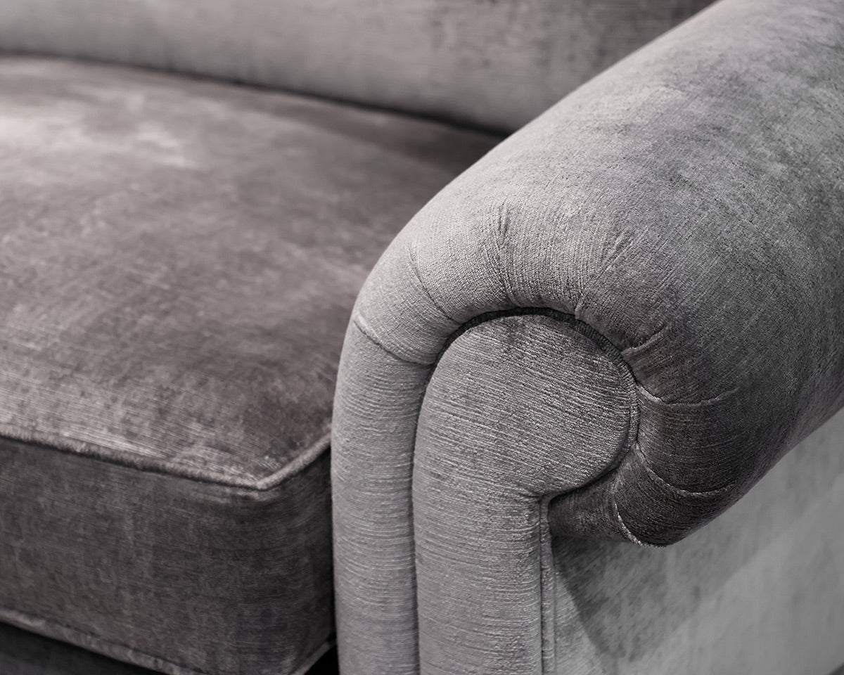 Gray Sofa w/ Rolled Arms and Spindle Wood Feet w/ Gold Casters