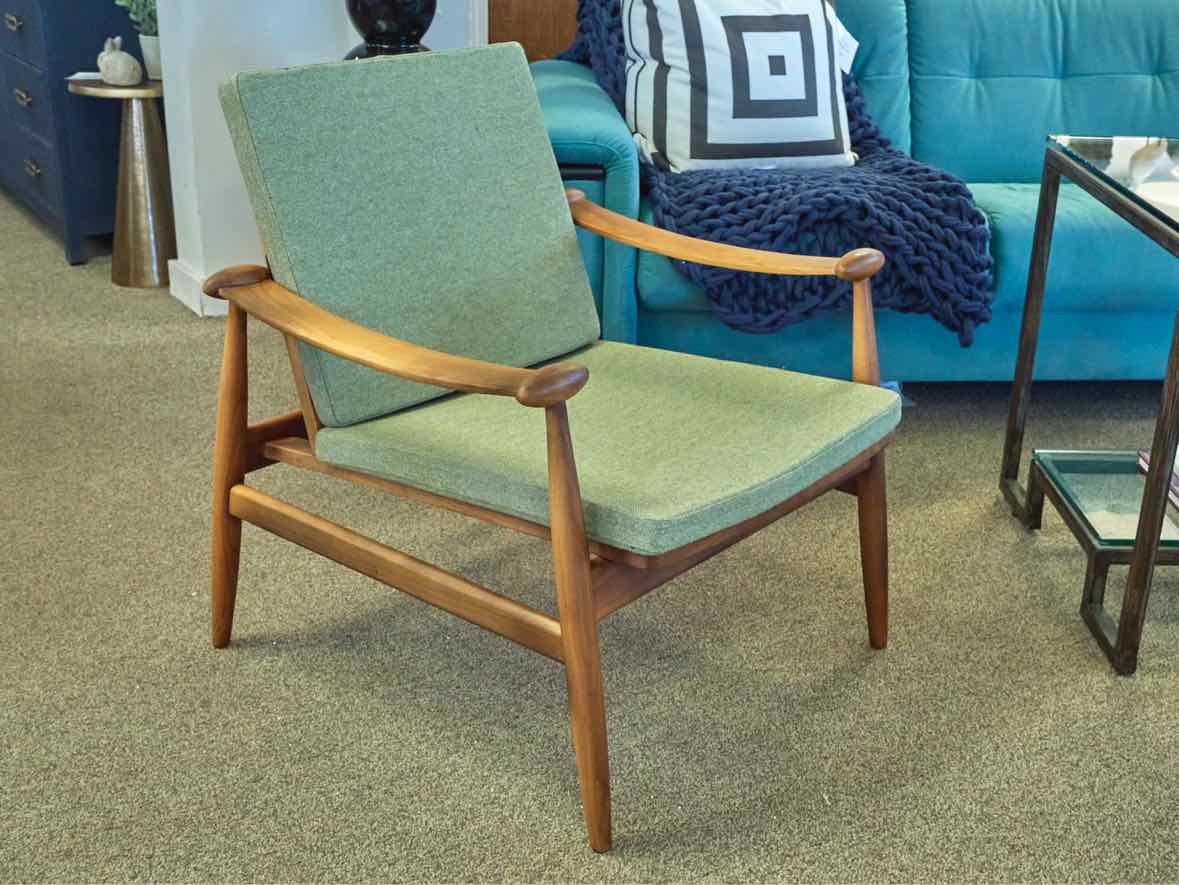 MCM Style Walnut Arm Chair in Chartreuse Green Cushions