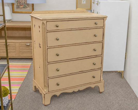 Solid Mahogany 5 Drawer Chest Distressed in Muted Nude