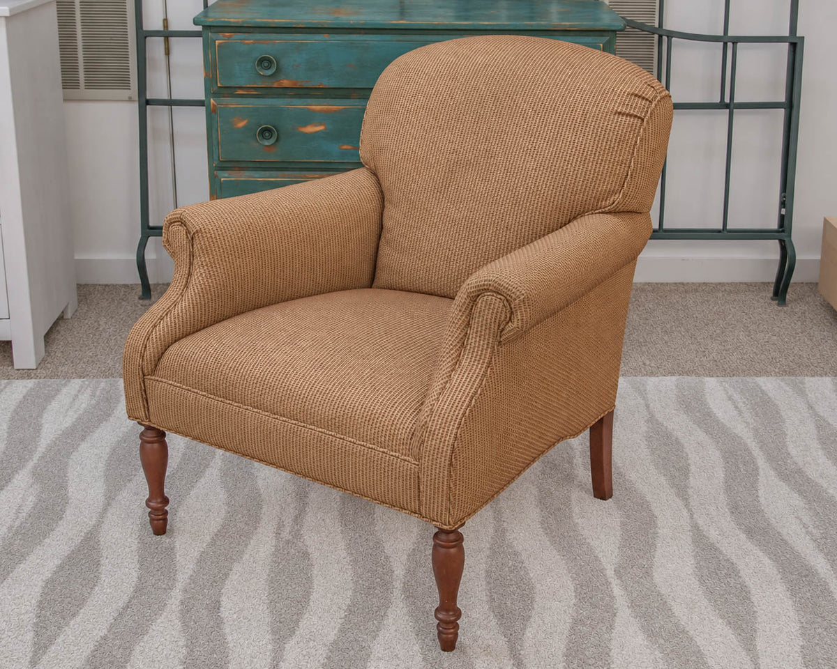 Pair of Lee Jofa  Beige & Rust Roll Arm Club Chairs on Turned Legs