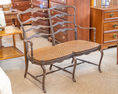 French Woven Rattan Double Seat Setee On Bronze Ladder Back  Frame