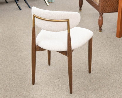 Restoration Hardware Set of 6 Arno Fabric Dining Chairs in Sand/Brown Oak Brass