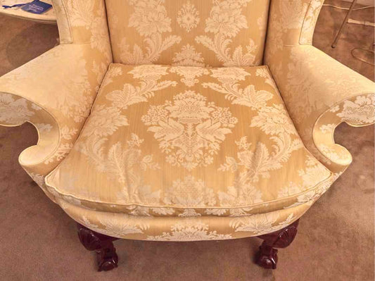 Kindel Gold Damask Upholstered Wing Chair with Mahogany Ball & Claw Feet