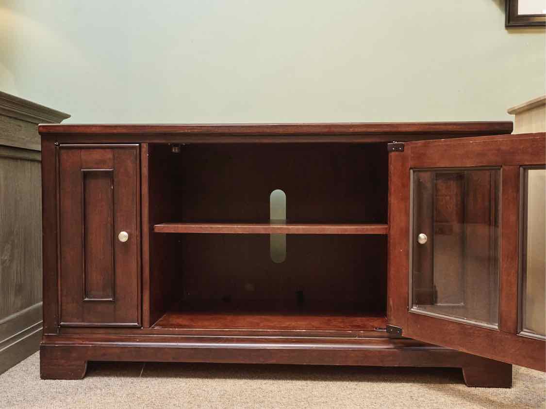 Cherry Stain Media Furniture with Glass Door & 2 Wood Doors