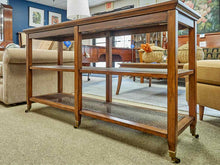 Elm Wood Console w/ Wood Cane Panel Design  & Glass Top  on Casters