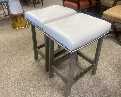 Pair of Pearlized Leather Counter Stools with Brass Nailhead