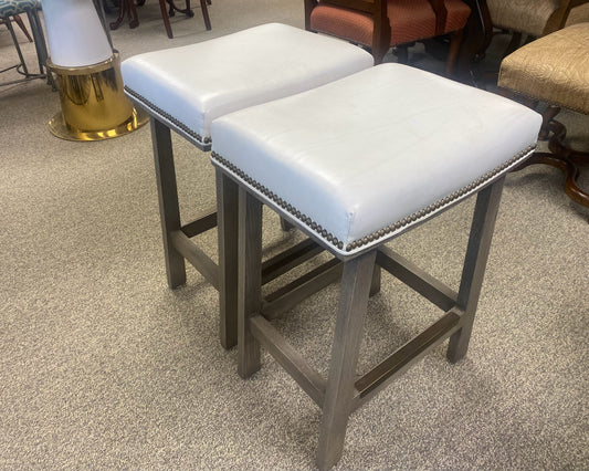 Pair of Pearlized Leather Counter Stools with Brass Nailhead