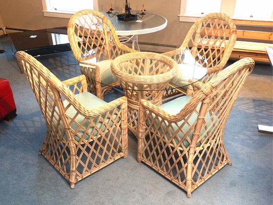 Fort Smith Chair Co. Round  Glass Top  Natural Wicker Base & 4  Cushion Chairs