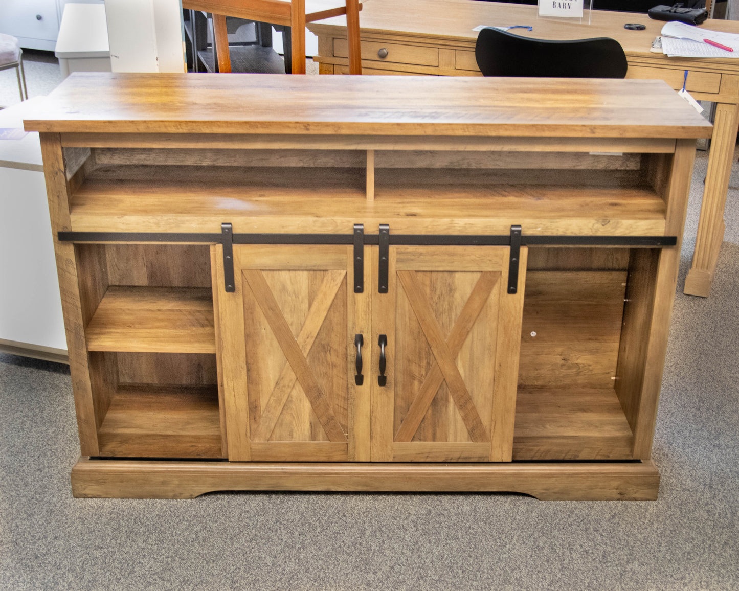 Media Console in Driftwood Finish Reclaimed Wood with Sliding Doors