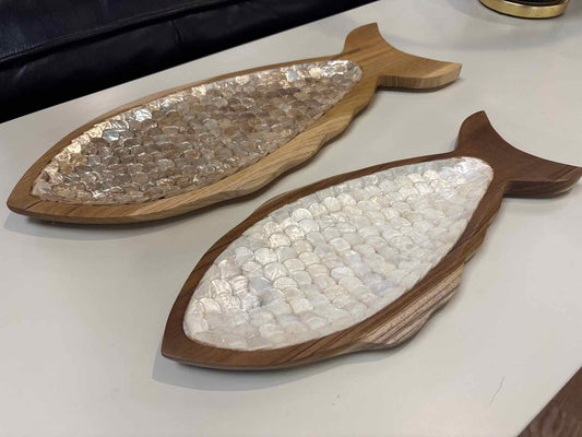 Set of Two Carved Teak Fish With Capiz Detail