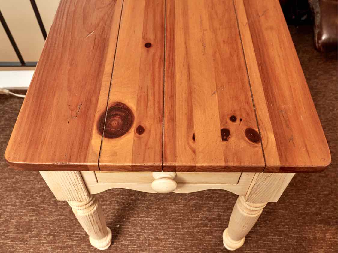 Ethan Allen  Pine Plank Top Cream Finish 1 Drawer Side Table