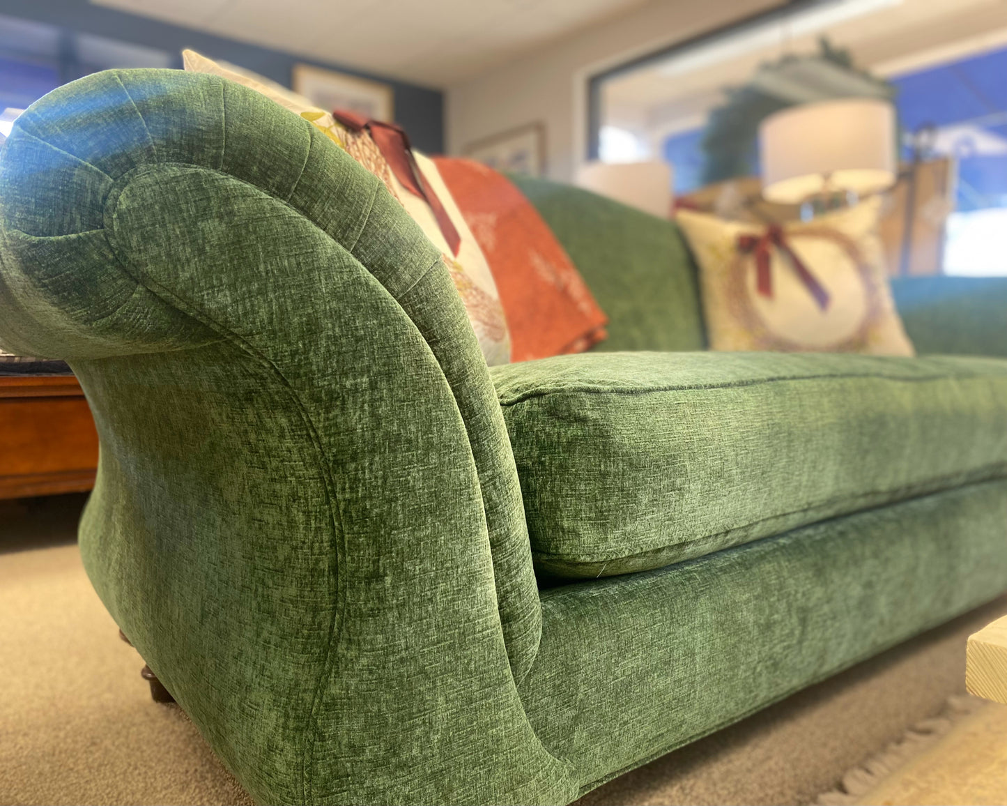 Camel Back Emerald Green Upholstered Sofa